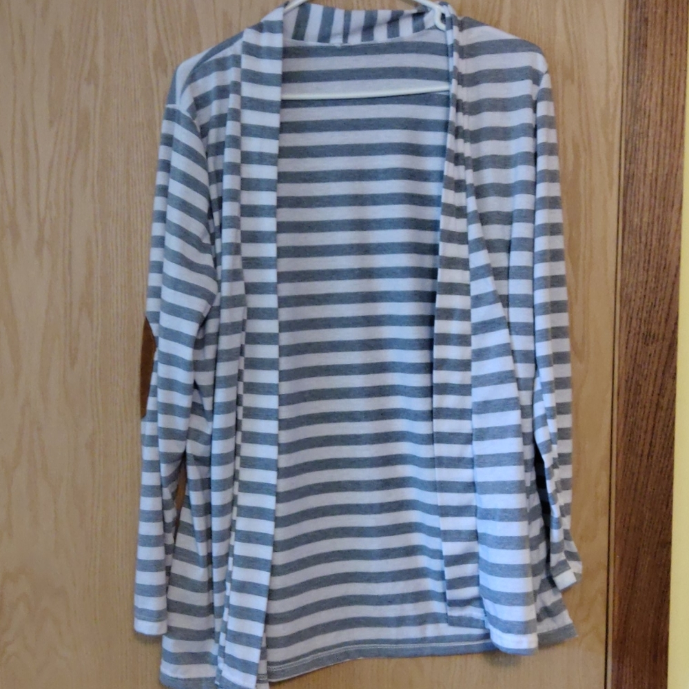 Gray White Striped Cardigan with Elbow Patches